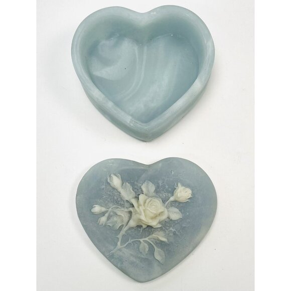 VTG Genuine Incolay Stone Light Blue Heart Shape TRINKET BOX White Rose 3.5" EUC - Picture 3 of 4